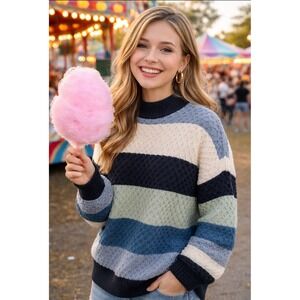 Berkeley Jensen Women Textured Striped Chunky Knit Sweater  Blue-Teal-Navy XL